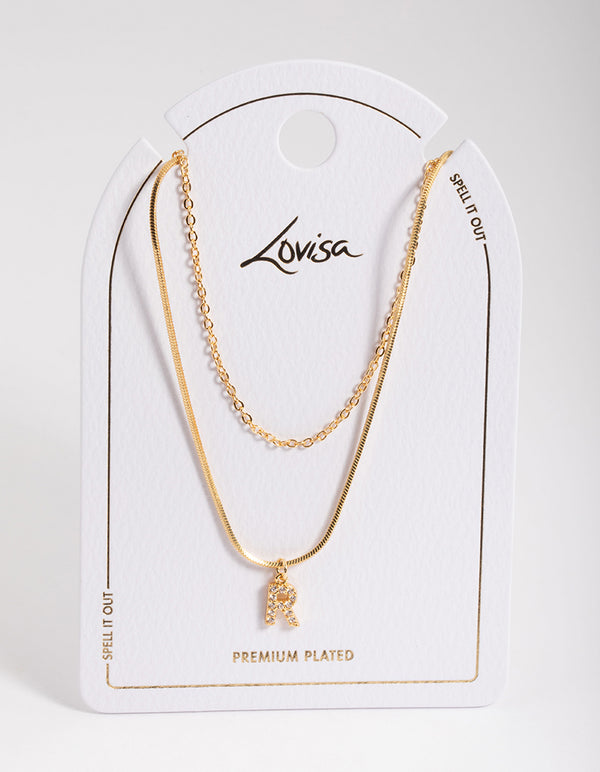 Letter R Gold Plated Layered Diamante Initial Necklace