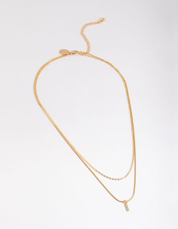 Letter I Gold Plated Layered Diamante Initial Necklace
