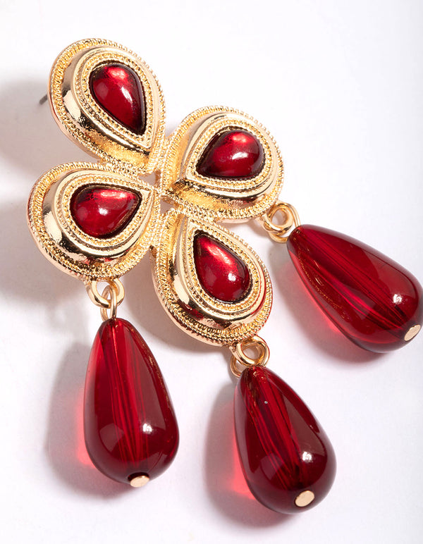 Gold Red Statement Earrings