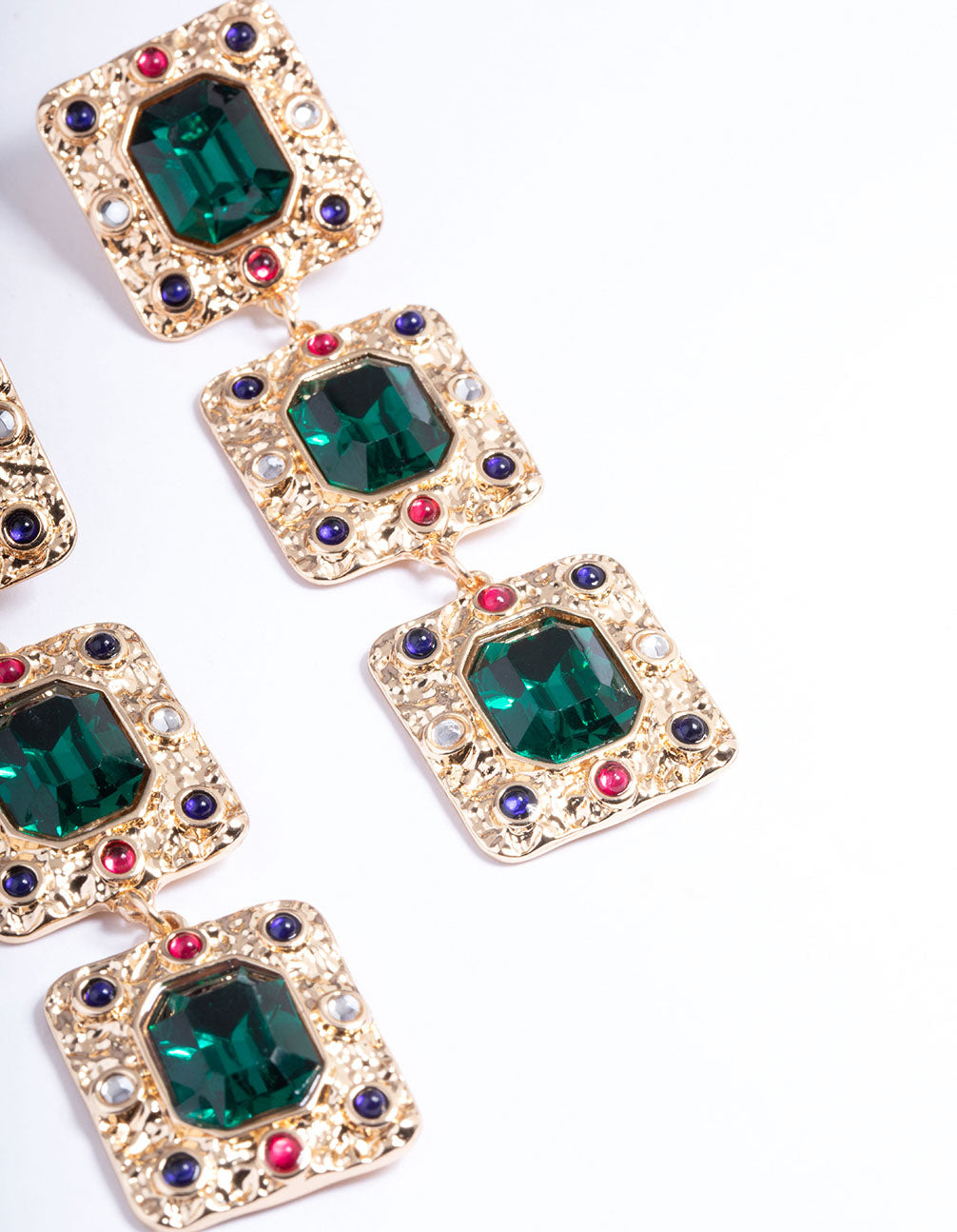 Gold Three Gem Statement Earrings