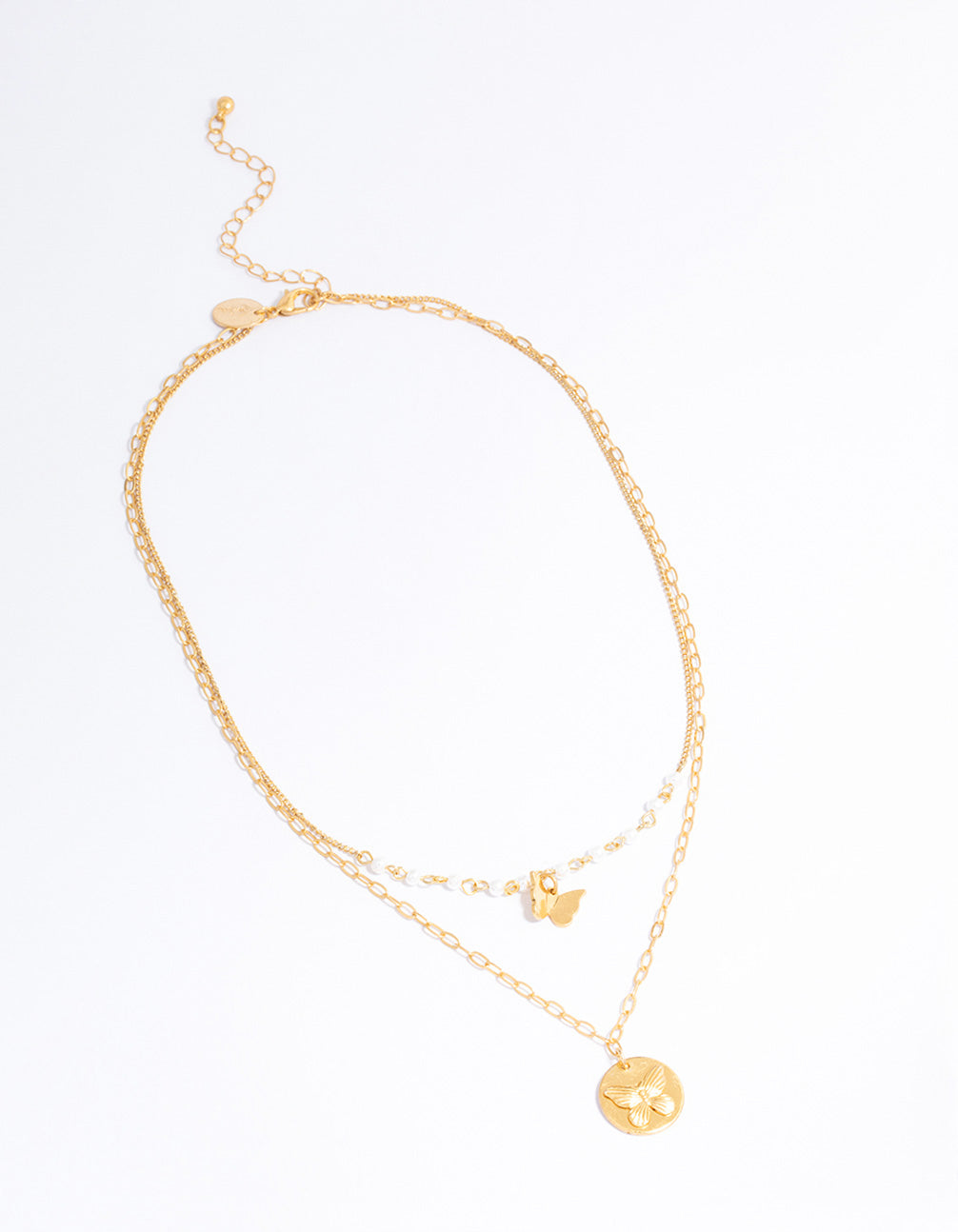 Worn Gold Pearl Butterfly Chain Necklace