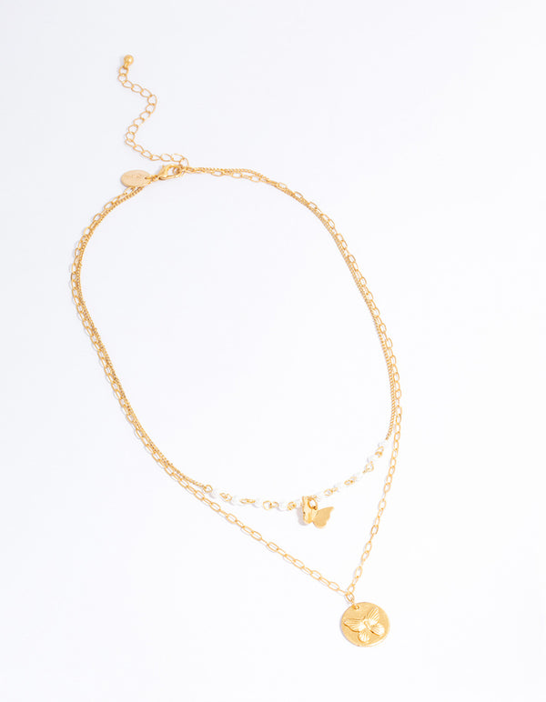 Worn Gold Pearl Butterfly Chain Necklace