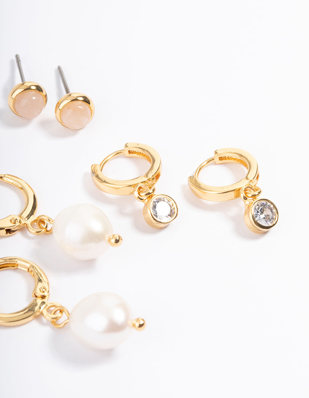 Gold Plated Rose Quartz Freshwater Pearl Diamante Stack Earrings