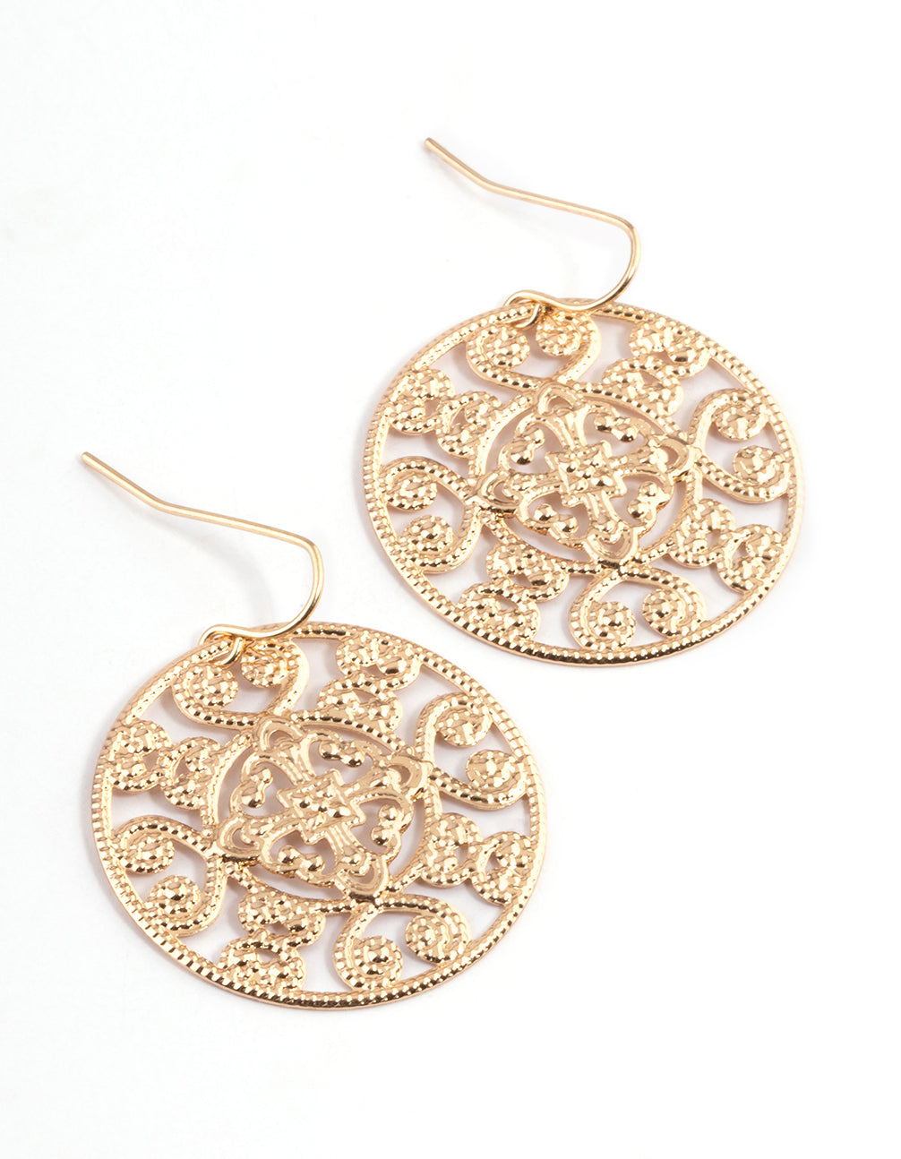 Gold Small Ornate Round Drop Earrings