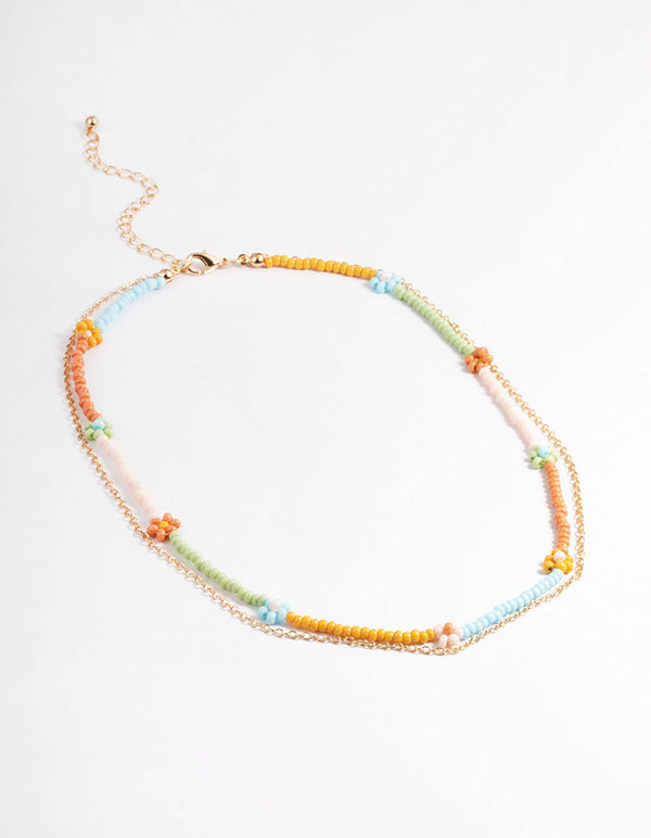 Gold Multicoloured Flower Bead & Chain 2-Row Necklace