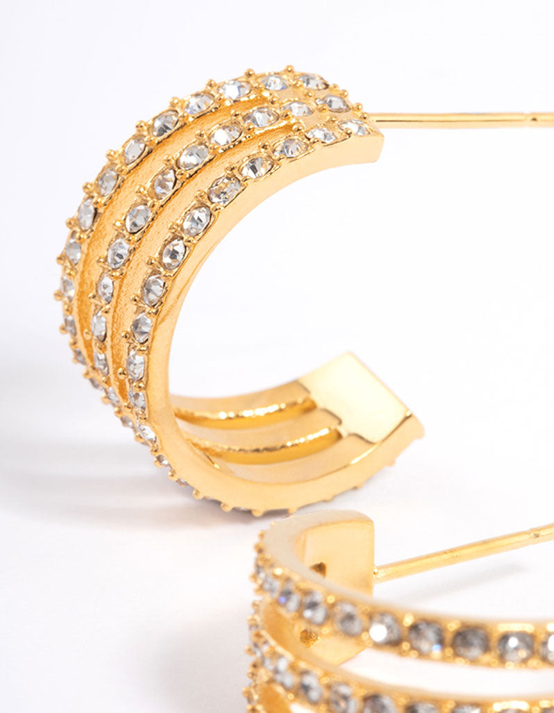 Waterproof Gold Plated Stainless Steel Diamante Three Hoop Earrings