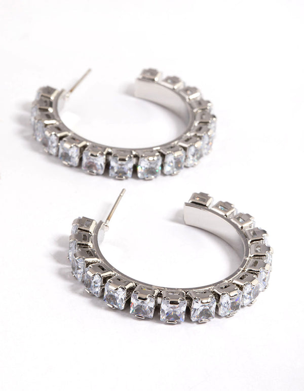 Cubic Zirconia Silver 25mm Diamante Hoop Earrings