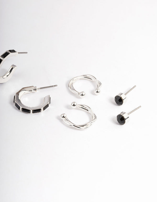 Silver Emerald Cut Black Hoop Earrings 4-Pack