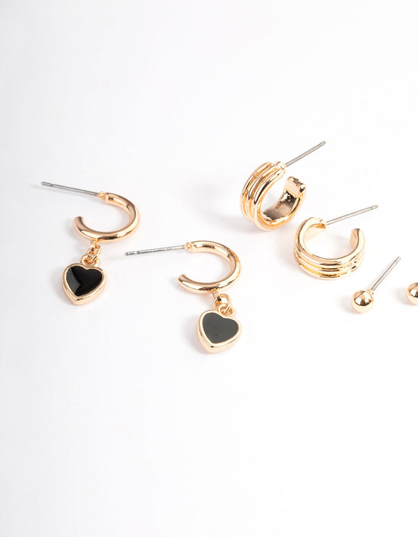Gold Black Enamel Heart Earrings 4-Pack
