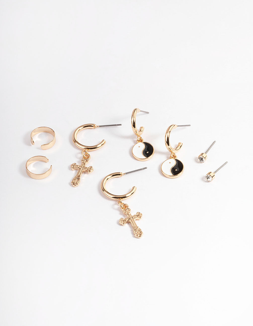 Gold Cross Yin & Yang Earrings 4-Pack