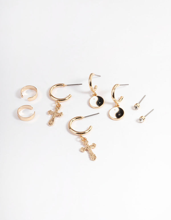 Gold Cross Yin & Yang Earrings 4-Pack