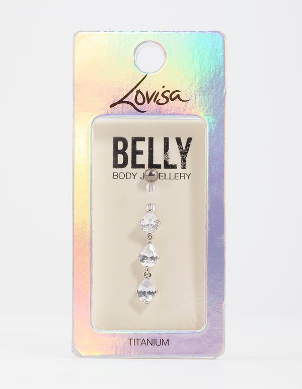 Titanium Cubic Zirconia Three Pear Drop Belly Ring
