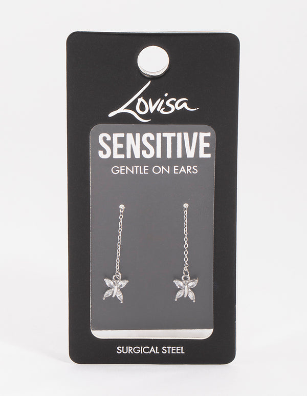 Surgical Steel Cubic Zirconia Butterfly Thread Through Earrings