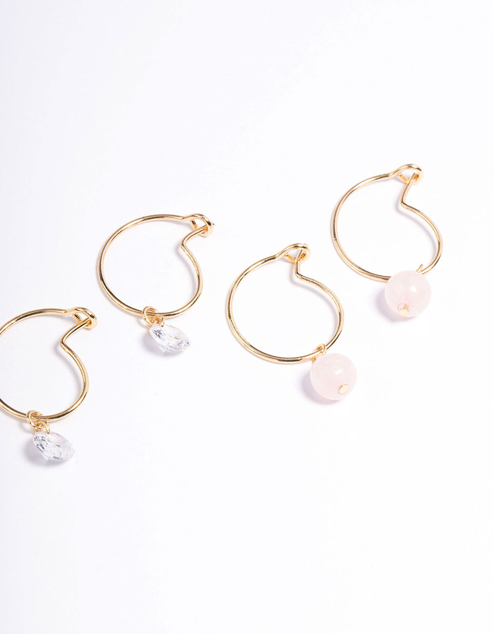 Gold Plated Rose Quartz Freshwater Pearl Hoop Stack Earrings