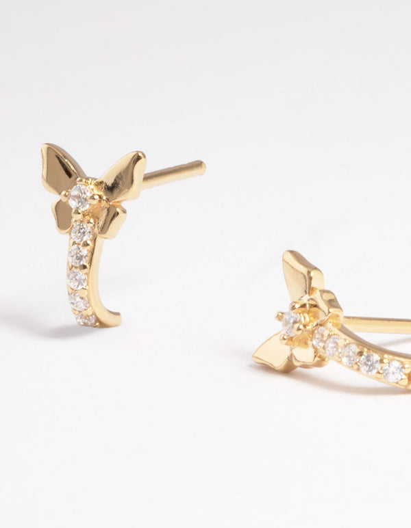 Gold Sterling Plated Cubic Zirconia Pave & Butterfly Huggie Earrings