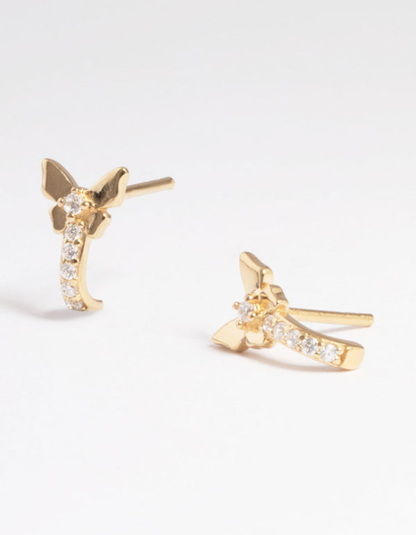 Gold Sterling Plated Cubic Zirconia Pave & Butterfly Huggie Earrings