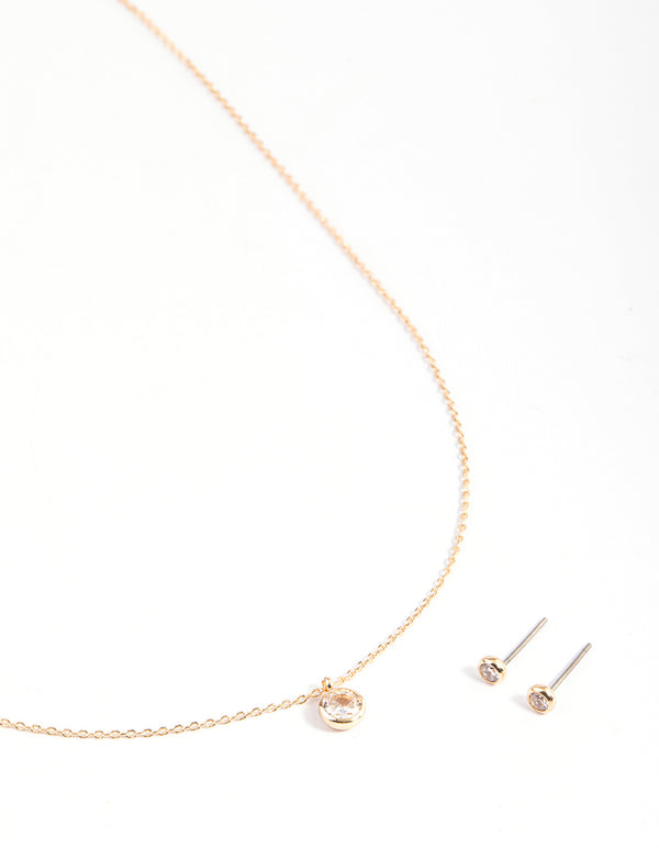 Gold Cubic Zirconia Bezel Earrings & Necklace Set