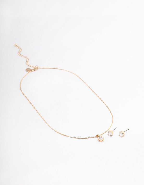 Gold Cubic Zirconia Solitaire Earrings & Necklace Set