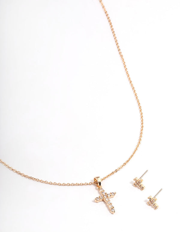 Gold Cubic Zirconia Crosses Earrings & Necklace Set