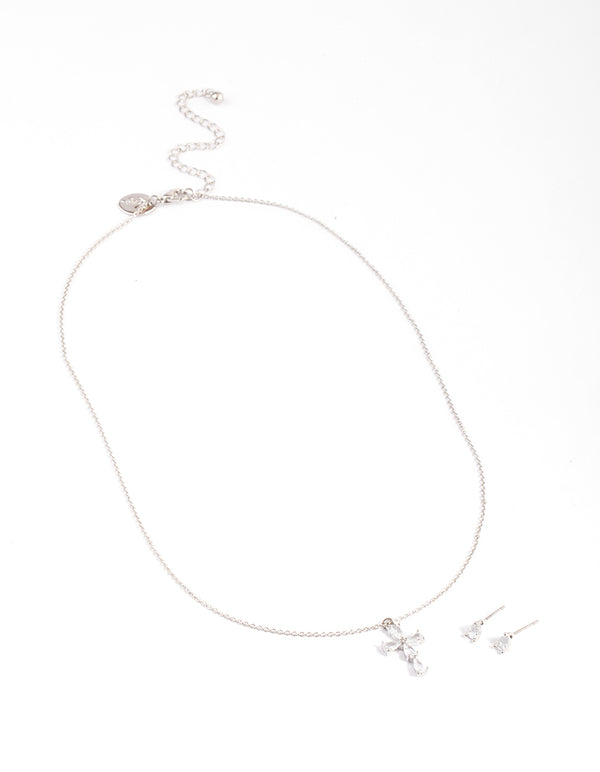 Rhodium Cubic Zirconia Cross Earrings & Necklace Set