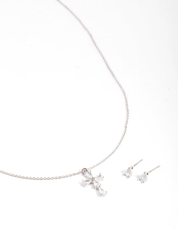 Rhodium Cubic Zirconia Cross Earrings & Necklace Set