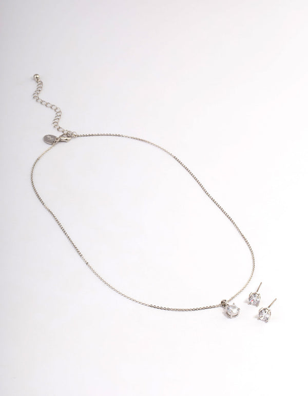 Silver Cubic Zirconia Solitaire Earrings & Necklace Set