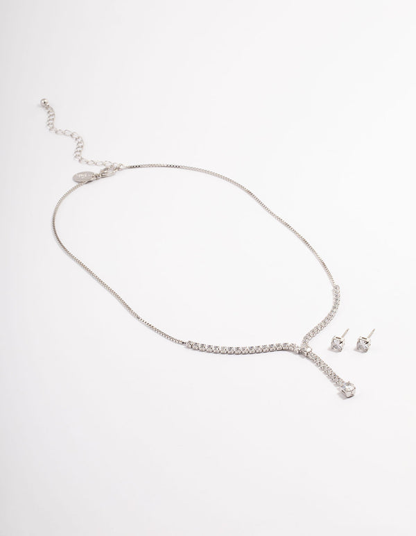 Rhodium Cubic Zirconia Y-Neck Earrings & Necklace Set