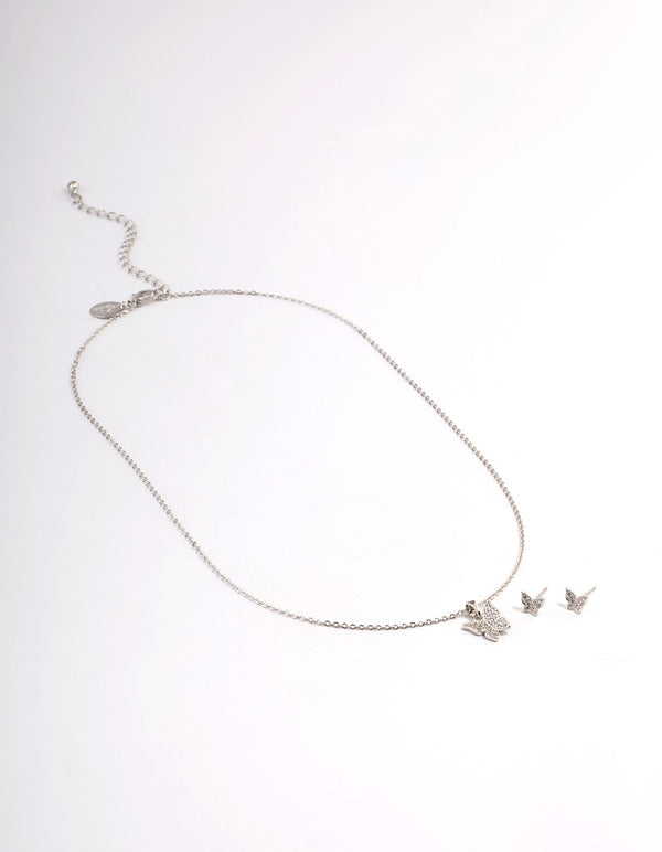 Silver Cubic Zirconia Pave Butterfly Earrings & Necklace Set