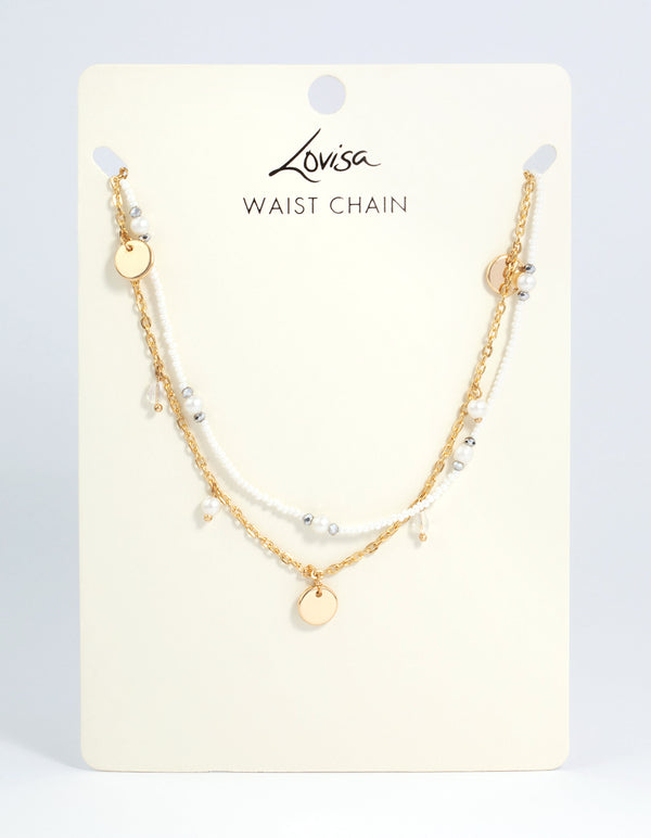 Gold Double Layer Pearl Twist Waist Chain
