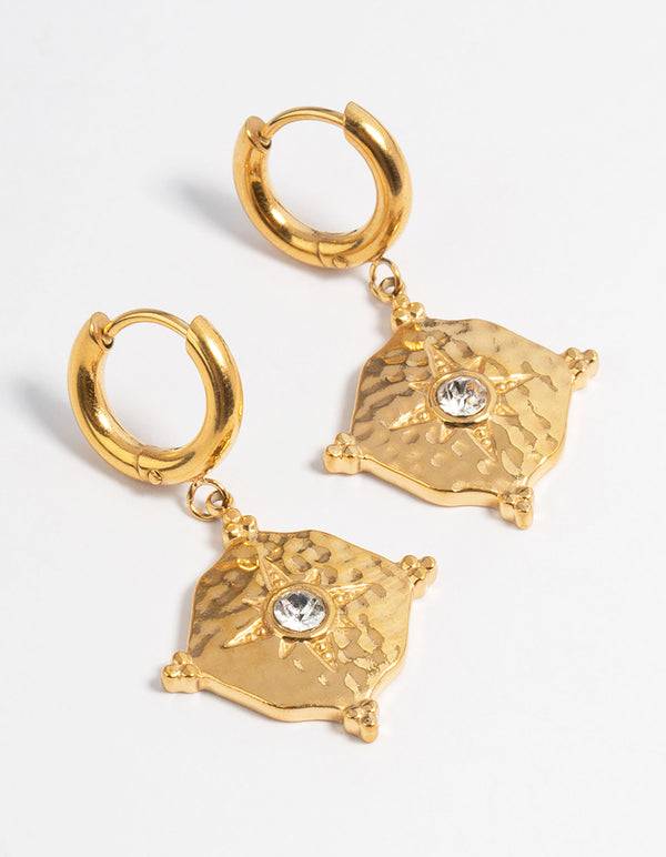 Gold Plated Stainless Steel Diamante Hammered Drop Huggie Earrings