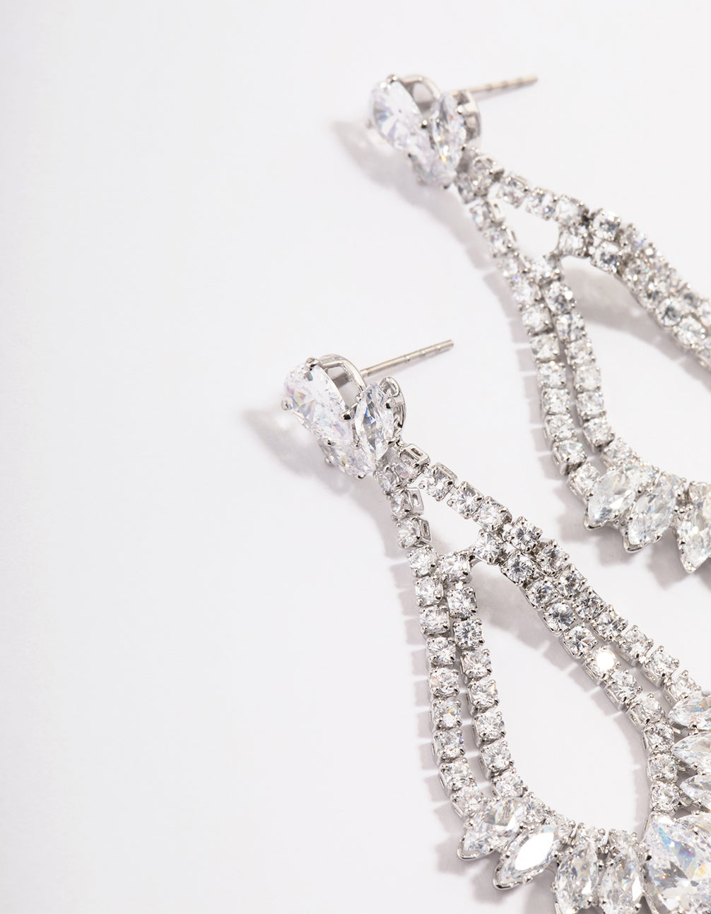Diamond Simulant Silver Fan Detail Teardrop Earrings
