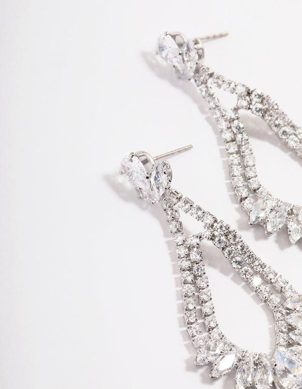 Diamond Simulant Silver Fan Detail Teardrop Earrings