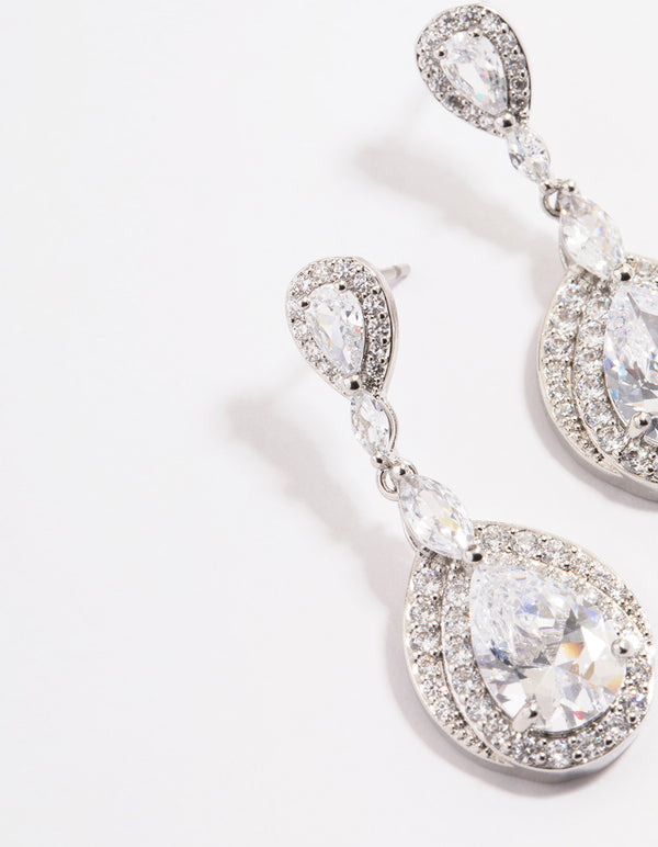 Silver Diamond Simulant Detail Pear Drop Earrings
