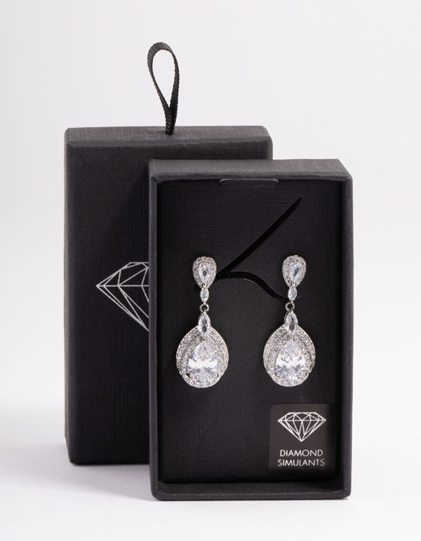 Silver Diamond Simulant Detail Pear Drop Earrings