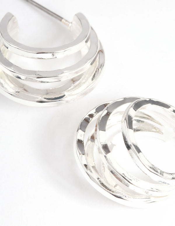 Silver Plated Layer Flat Triple Hoop Earrings
