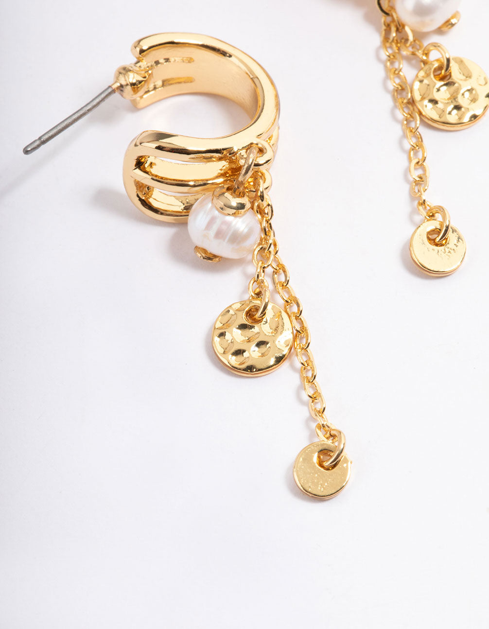 Gold Plated Hammered Disc & Freshwater Pearl Triple Hoop Earrings