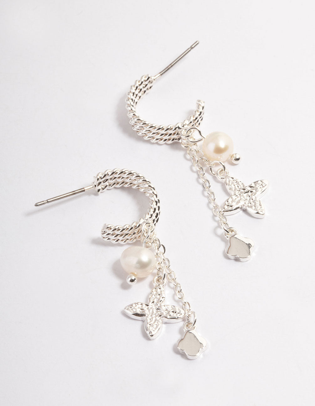 Silver Plated Charm & Freshwater Pearl Triple Hoop Earrings