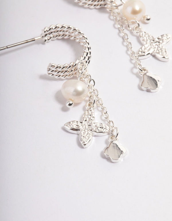 Silver Plated Charm & Freshwater Pearl Triple Hoop Earrings
