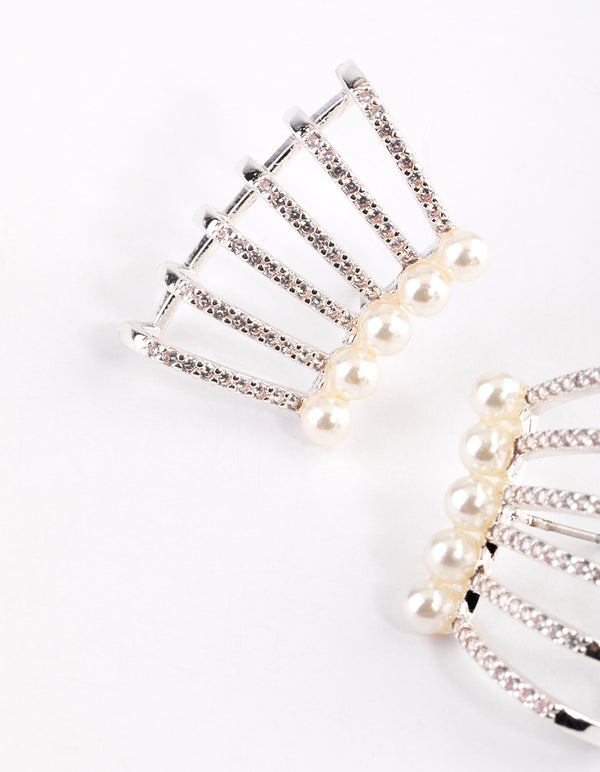 Silver Plated Diamante Pearl Triple Cuff Stud Earrings