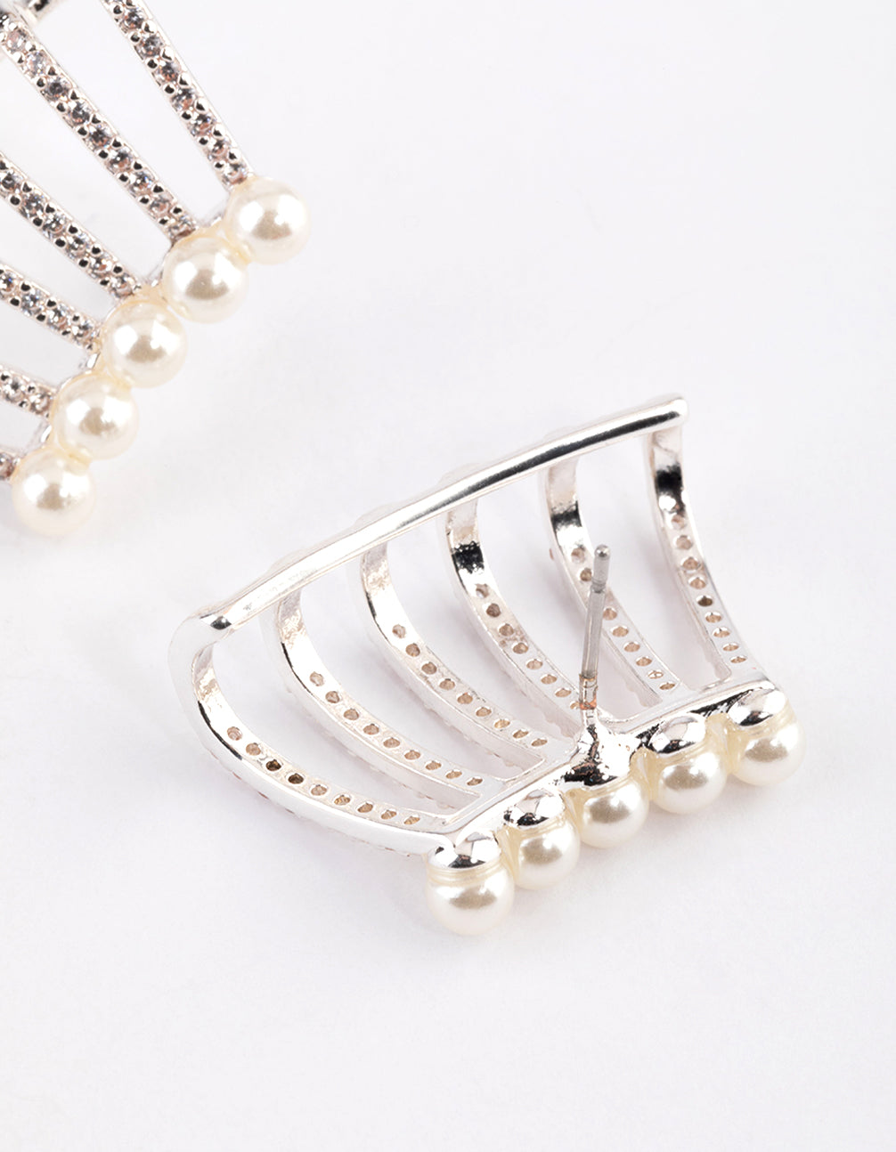 Silver Plated Diamante Pearl Triple Cuff Stud Earrings