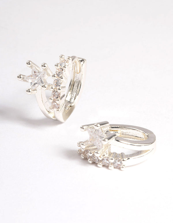 Silver Plated Cubic Zirconia Star Detail Double Huggie Earrings