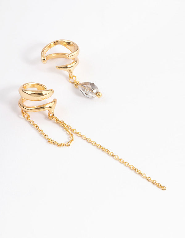 Gold Plated Stone Chain Drop Double Cuff Earrings