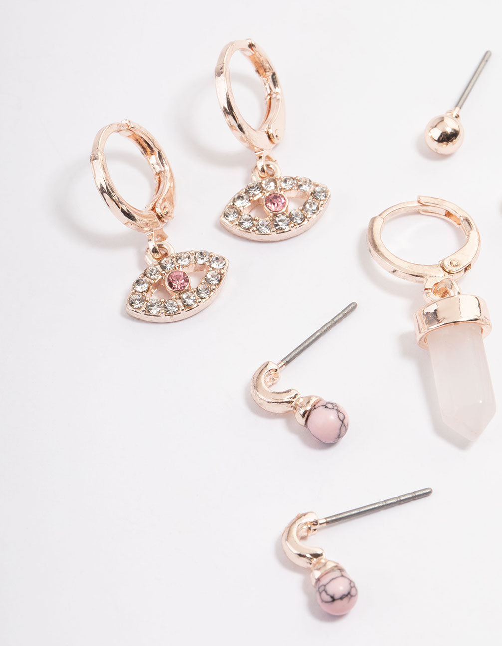 Rose Gold Rose Quartz Evil Eye Stack Earring Pack