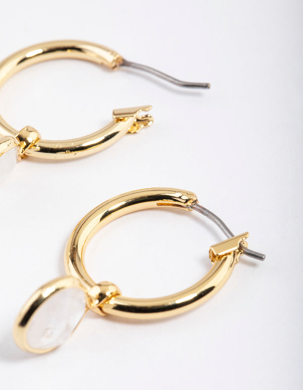 Gold Plated Clear Quartz Circle Charm Hoop Earrings