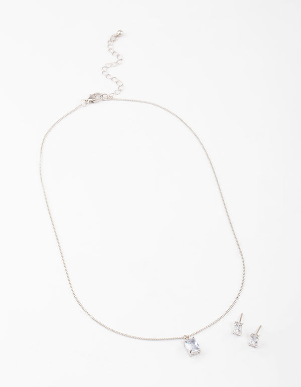 Silver Cubic Zirconia Emerald Cut Necklace & Stud Earrings Set