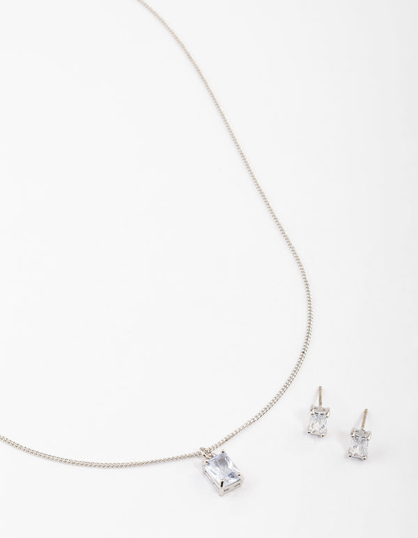 Silver Cubic Zirconia Emerald Cut Necklace & Stud Earrings Set