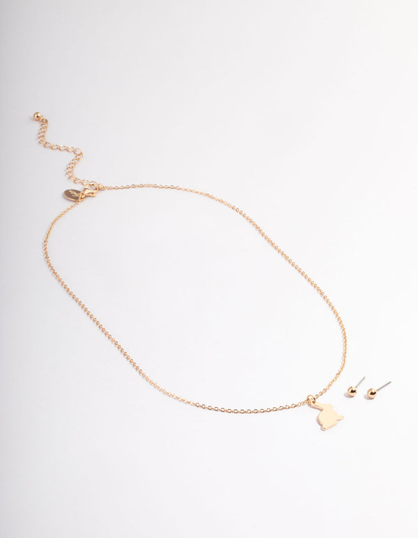 Gold Bunny Pendant Necklace & Stud Earrings Set