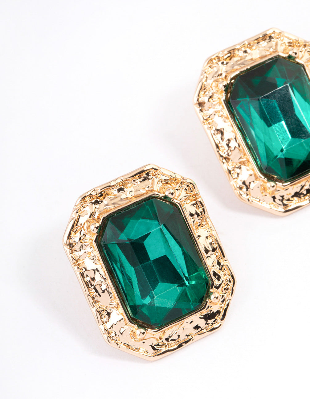 Gold Molten Rectangle Green Diamante Stud Earrings