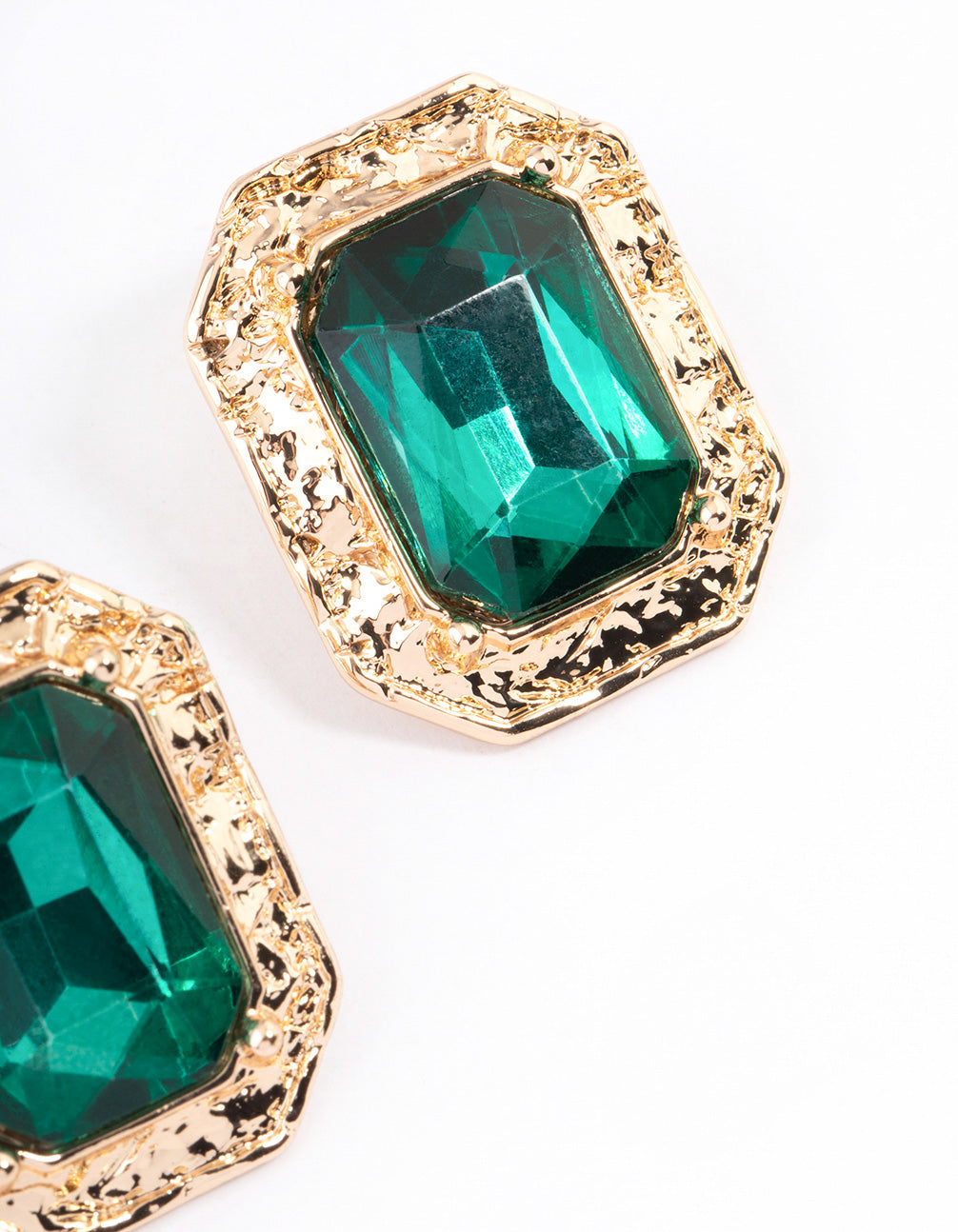Gold Molten Rectangle Green Diamante Stud Earrings