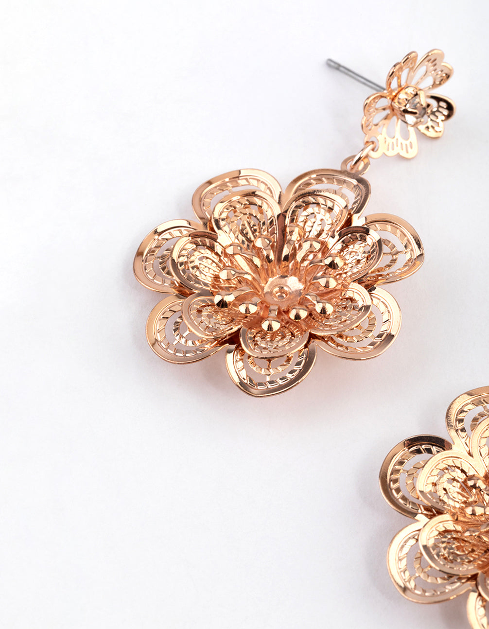 Rose Gold Diamante Double Flower Drop Earrings